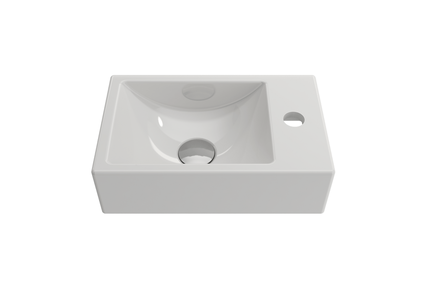 BOCCHI MILANO 14.5" Wall-Mounted Sink Fireclay 1-hole Right Side Faucet Deck With Overflow in white finish viewed from above.