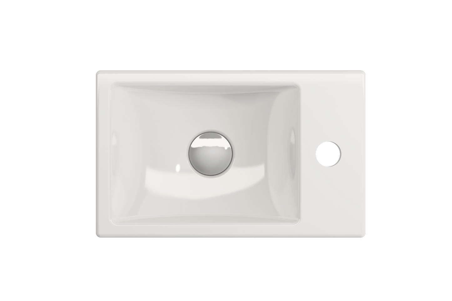 Top view of BOCCHI MILANO 14.5" Wall-Mounted Sink Fireclay 1-hole Right Side Faucet Deck With Overflow in white.