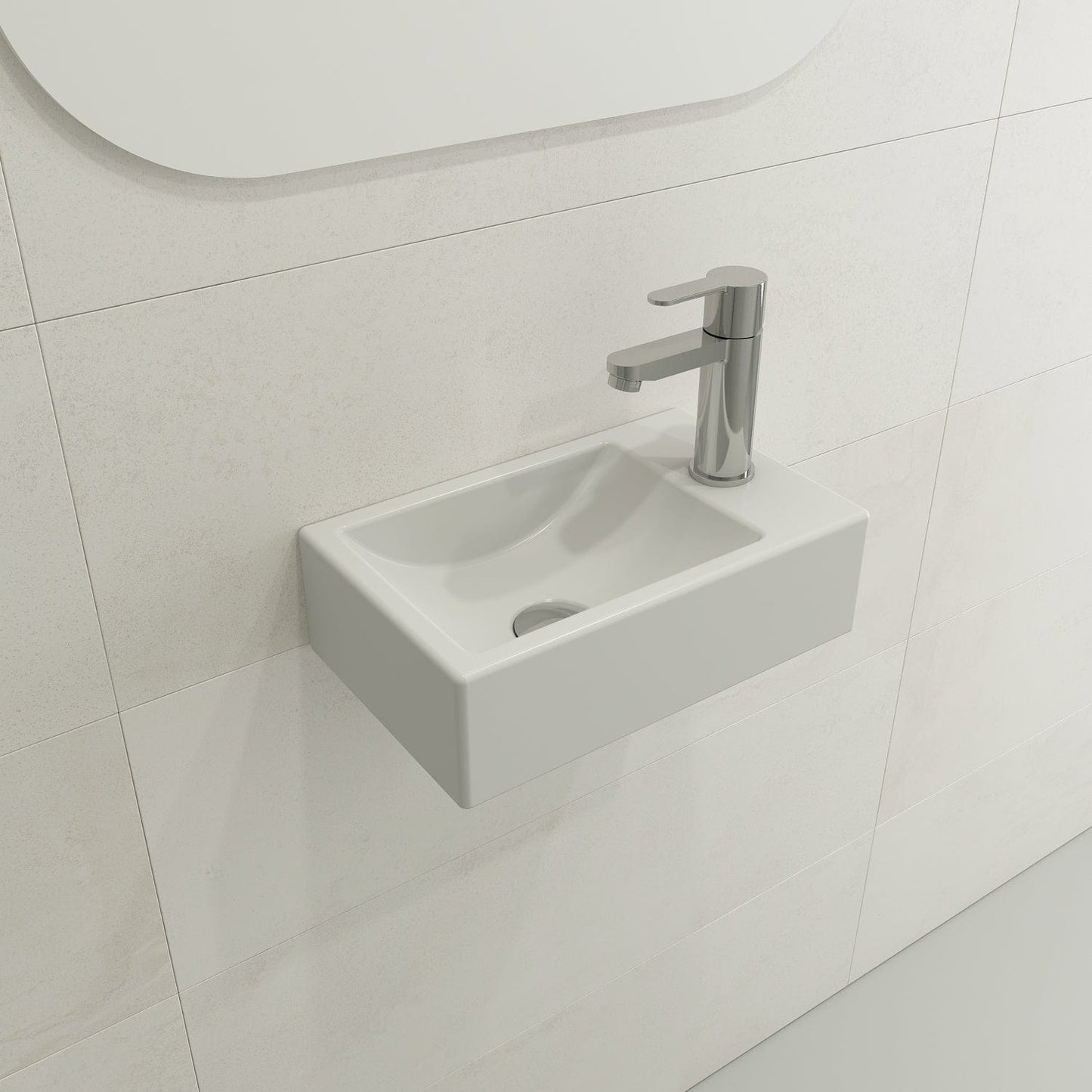 BOCCHI MILANO 14.5" Wall-Mounted Sink Fireclay 1-hole Right Side Faucet Deck With Overflow in matte white finish