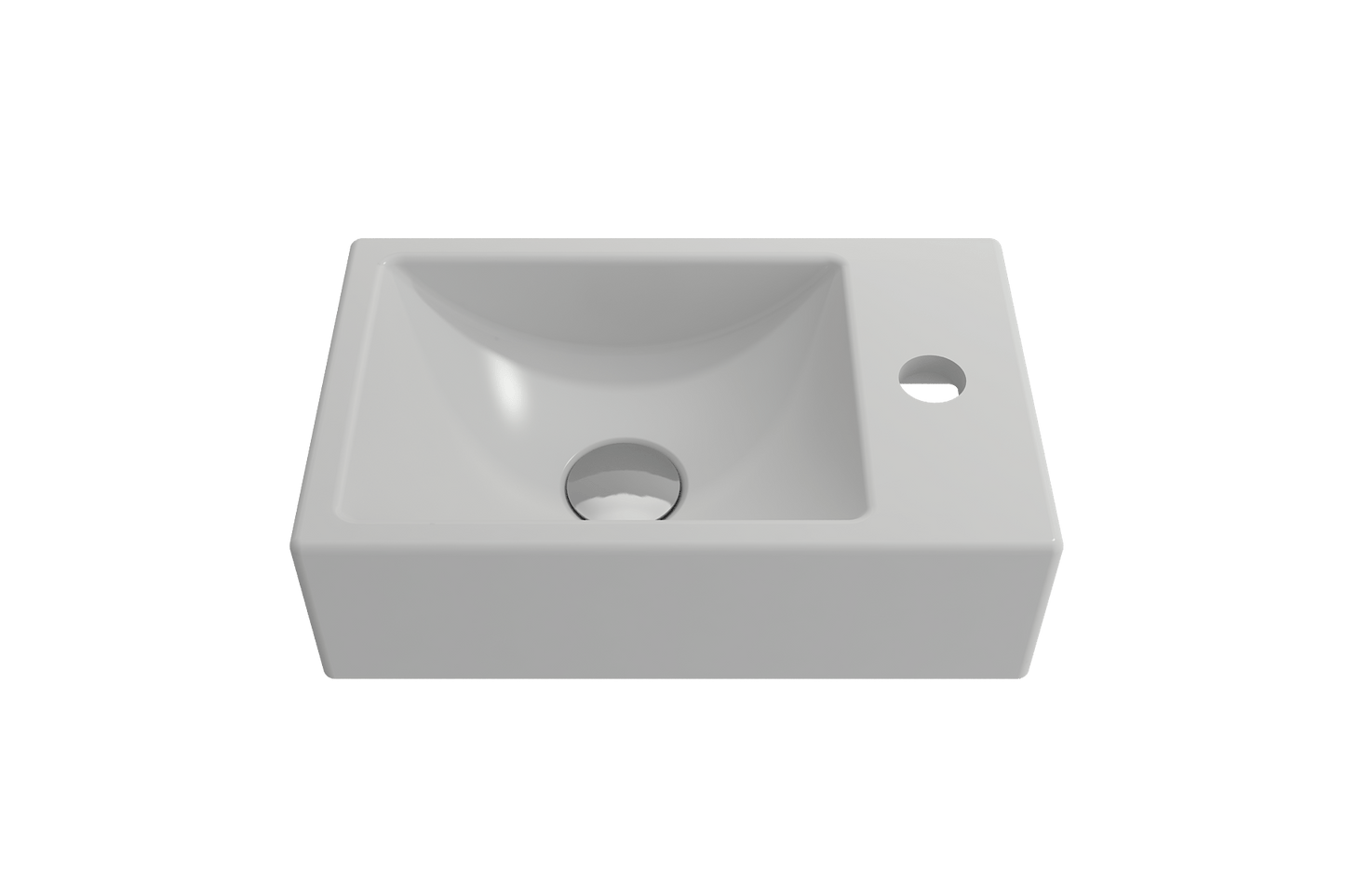 BOCCHI MILANO 14.5" Wall-Mounted Sink Fireclay 1-hole Right Side Faucet Deck With Overflow in sleek white finish, top view.