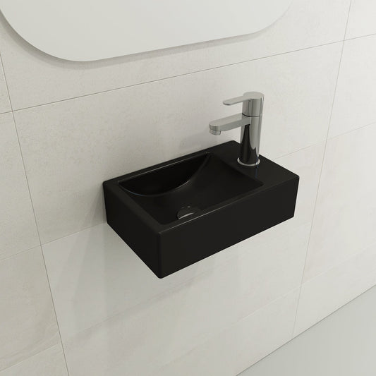 BOCCHI MILANO 14.5" Wall-Mounted Sink Fireclay 1-hole Right Side Faucet Deck With Overflow in matte black finish.
