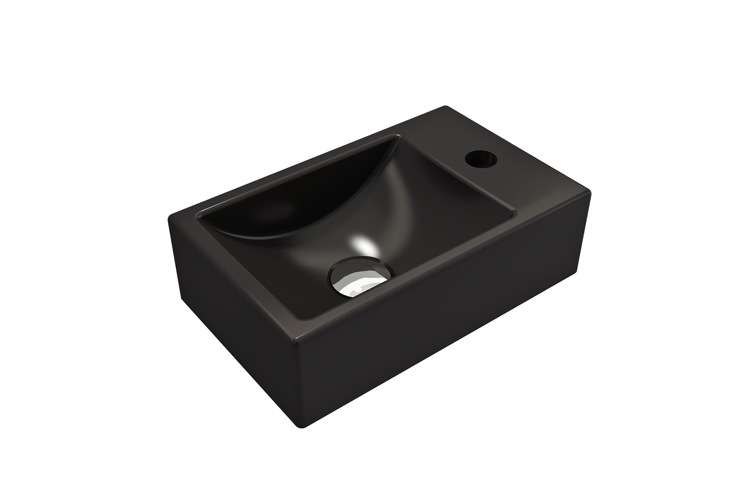 BOCCHI MILANO 14.5" Wall-Mounted Sink Fireclay 1-hole Right Side Faucet Deck With Overflow in sleek black finish, angled view.