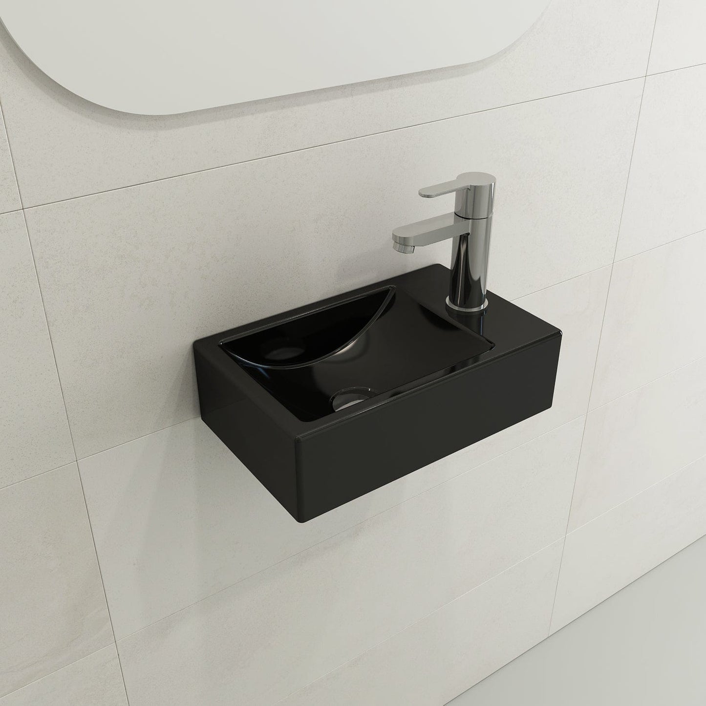 BOCCHI MILANO 14.5" Wall-Mounted Sink Fireclay 1-hole Right Side Faucet Deck With Overflow in sleek black finish.