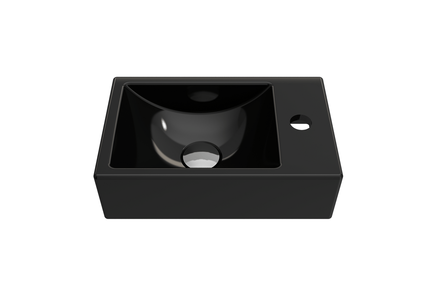 BOCCHI MILANO 14.5" Wall-Mounted Sink Fireclay 1-hole Right Side Faucet Deck With Overflow in black finish, viewed from above.
