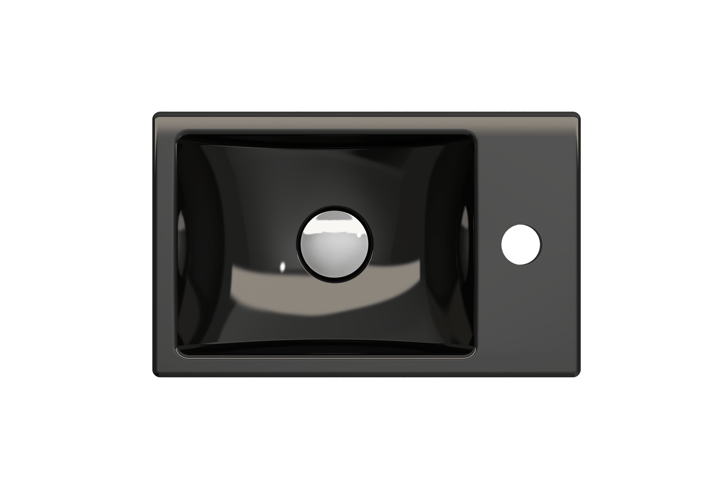 Black BOCCHI MILANO 14.5" Wall-Mounted Sink Fireclay 1-hole Right Side Faucet Deck With Overflow, top view showcasing depth.