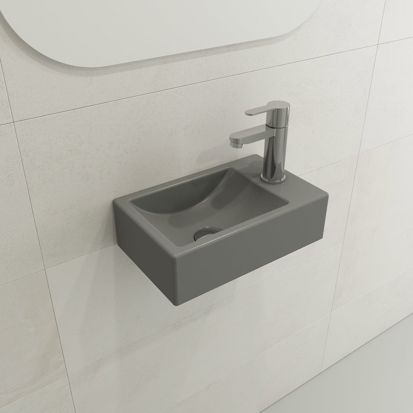 BOCCHI MILANO 14.5" Wall-Mounted Sink Fireclay 1-hole Right Side Faucet Deck With Overflow in matte gray finish