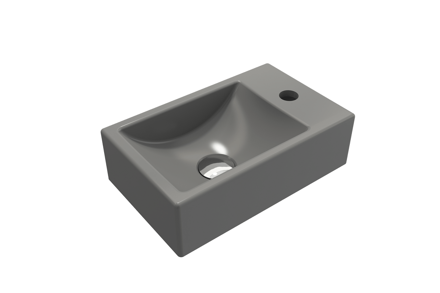 BOCCHI MILANO 14.5" Wall-Mounted Sink Fireclay 1-hole Right Side Faucet Deck With Overflow in sleek gray finish.