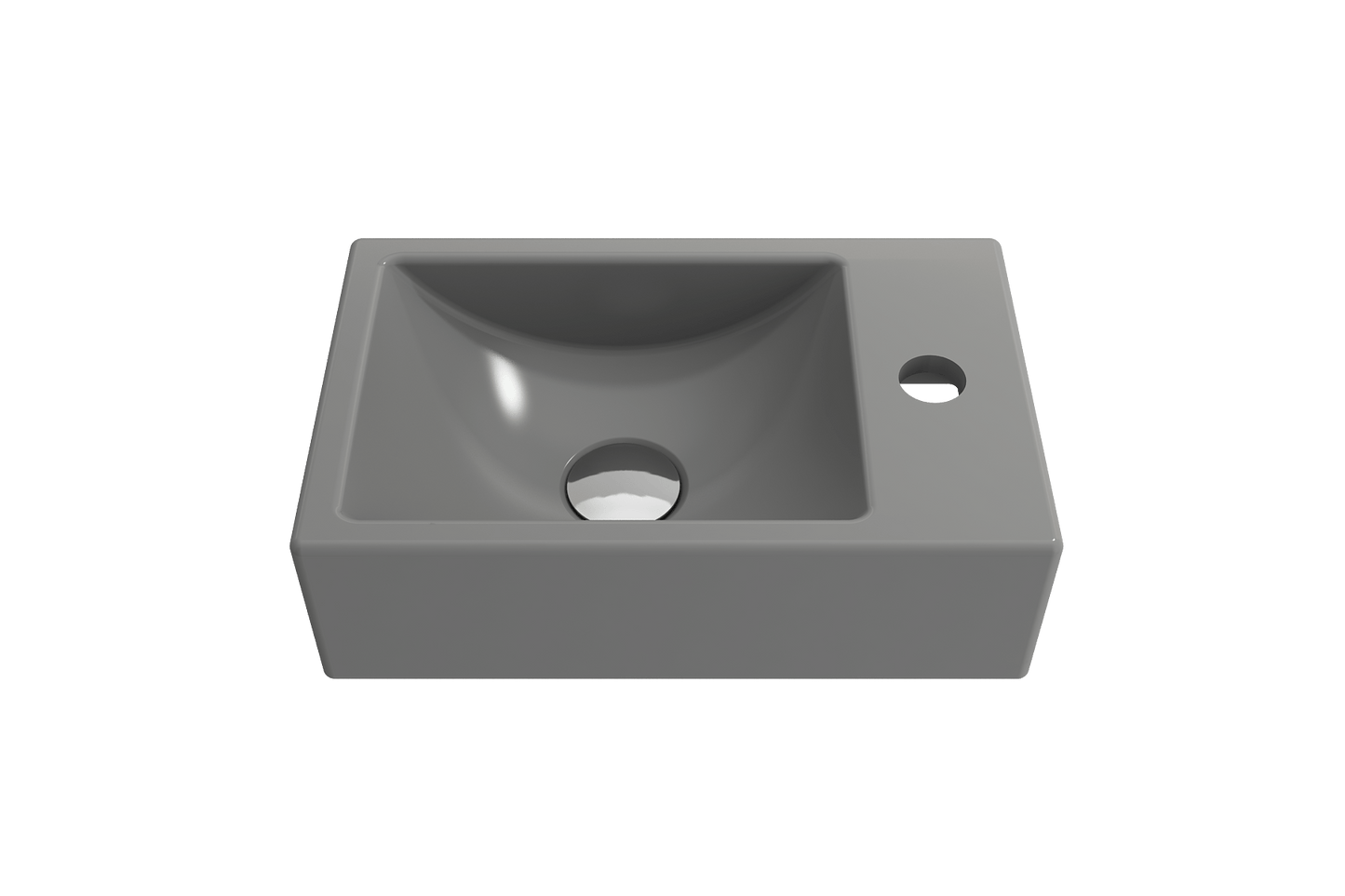 BOCCHI MILANO 14.5" Wall-Mounted Sink Fireclay 1-hole Right Side Faucet Deck With Overflow in sleek gray finish.