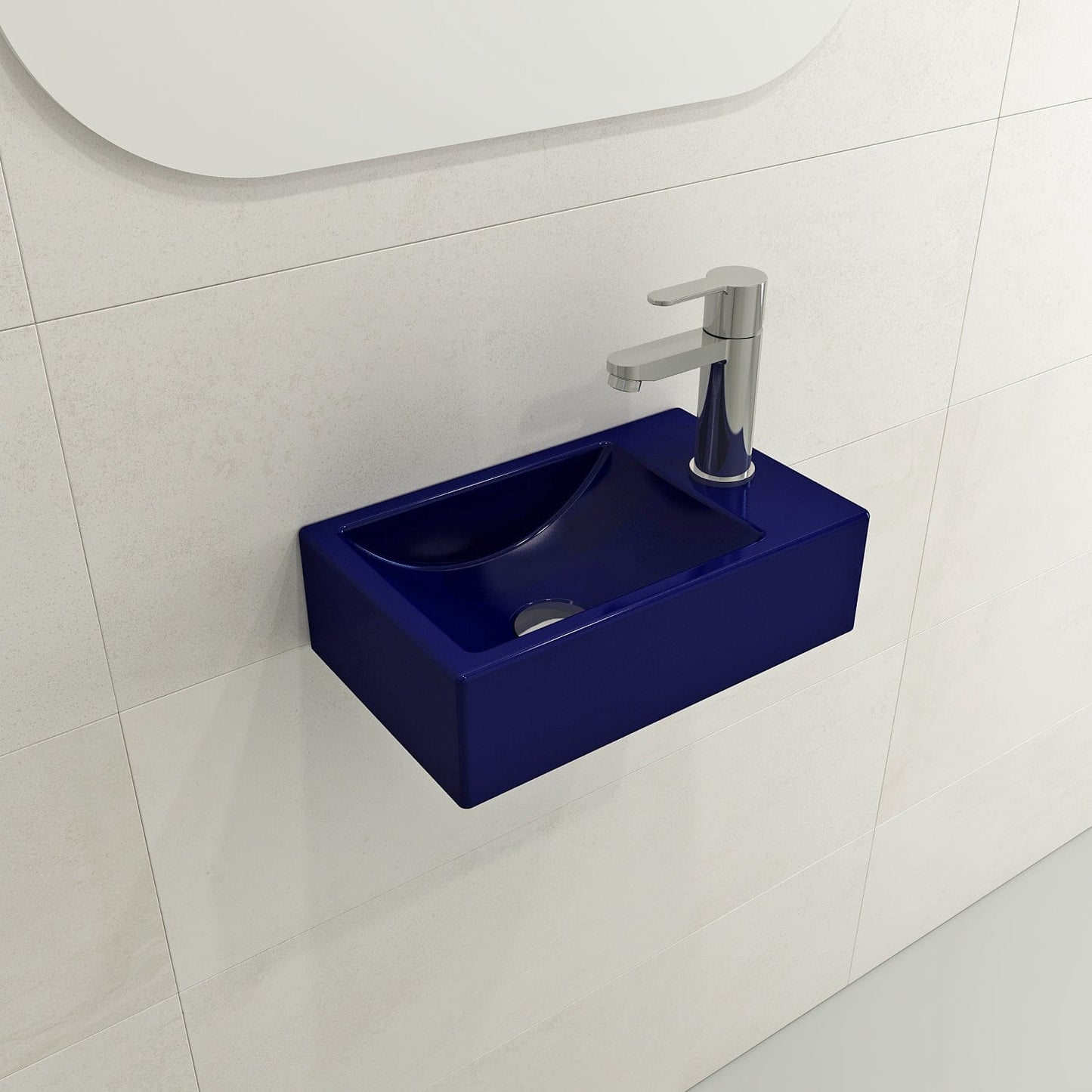 BOCCHI MILANO 14.5" Wall-Mounted Sink Fireclay 1-hole Right Side Faucet Deck With Overflow in Sapphire Blue, side view.
