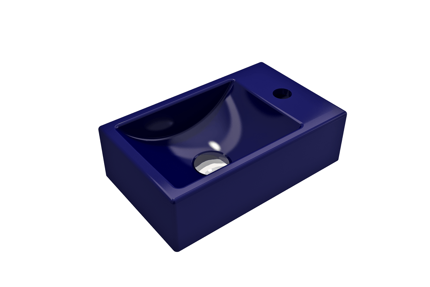 BOCCHI MILANO 14.5" Wall-Mounted Sink Fireclay 1-hole Right Side Faucet Deck With Overflow in deep navy blue angle view.