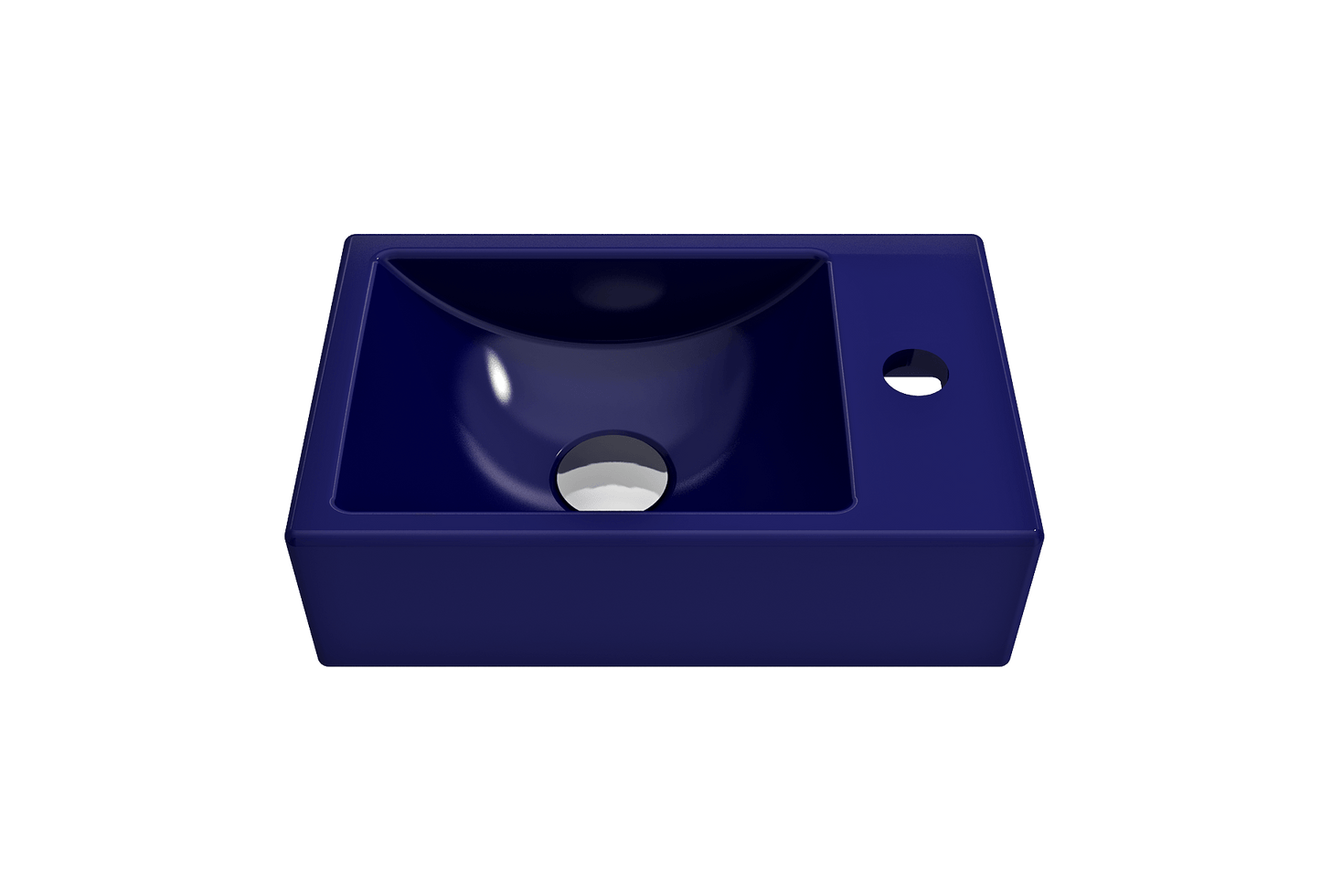BOCCHI MILANO 14.5" Wall-Mounted Sink Fireclay 1-hole Right Side Faucet Deck With Overflow in navy blue top view.