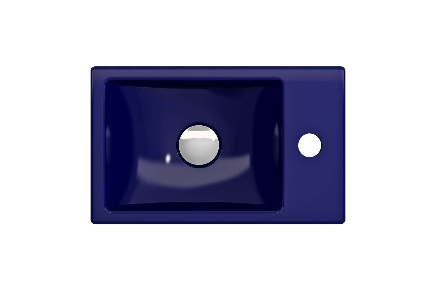 BOCCHI MILANO 14.5" Wall-Mounted Sink Fireclay 1-hole Right Side Faucet Deck With Overflow in deep blue finish from top view.