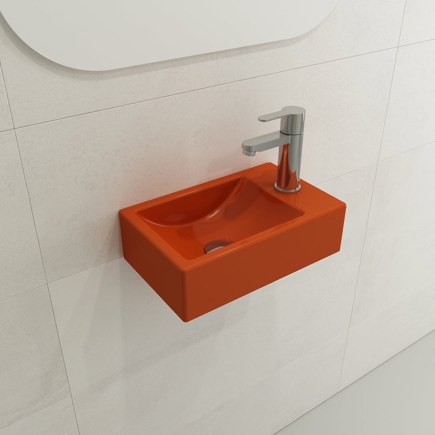BOCCHI MILANO 14.5" Wall-Mounted Sink Fireclay 1-hole Right Side Faucet Deck With Overflow in vibrant orange.