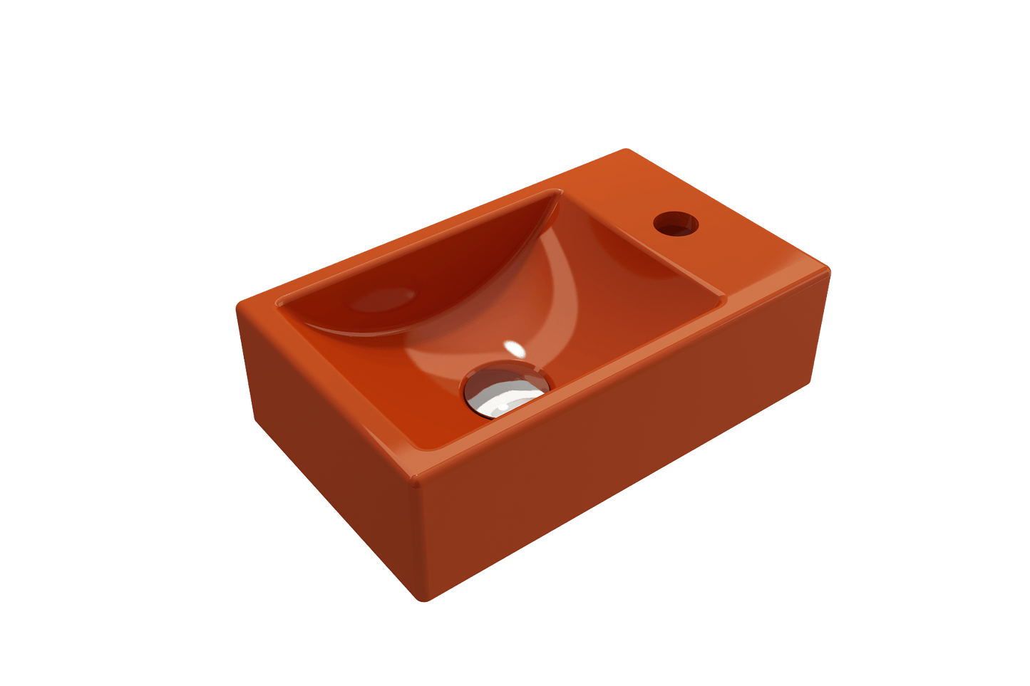 BOCCHI MILANO 14.5" Wall-Mounted Sink Fireclay 1-hole Right Side Faucet Deck With Overflow in vibrant orange top view.