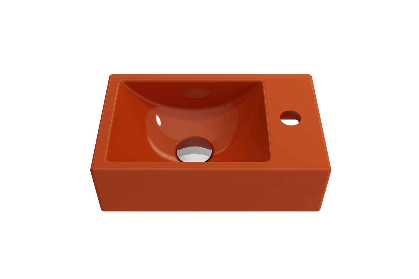 BOCCHI MILANO 14.5" Wall-Mounted Sink Fireclay 1-hole Right Side Faucet Deck With Overflow in vibrant orange finish, top view.