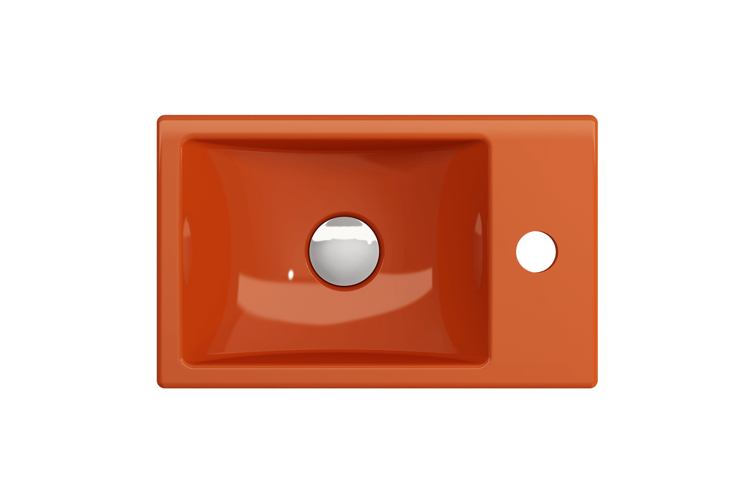 BOCCHI MILANO 14.5" Wall-Mounted Sink Fireclay 1-hole Right Side Faucet Deck With Overflow in vibrant orange top view.