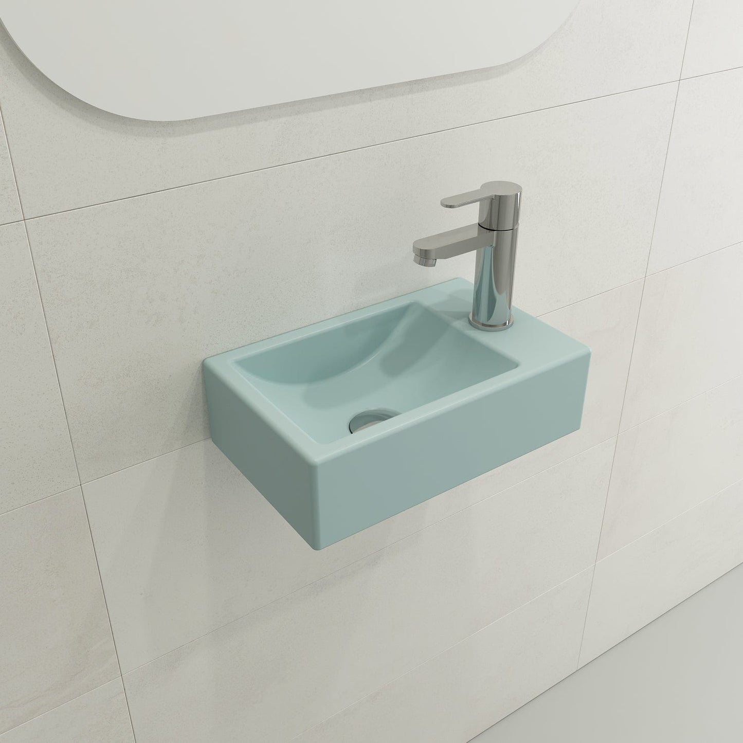 BOCCHI MILANO 14.5" Wall-Mounted Sink Fireclay 1-hole Right Side Faucet Deck With Overflow in Matte Ice Blue color.