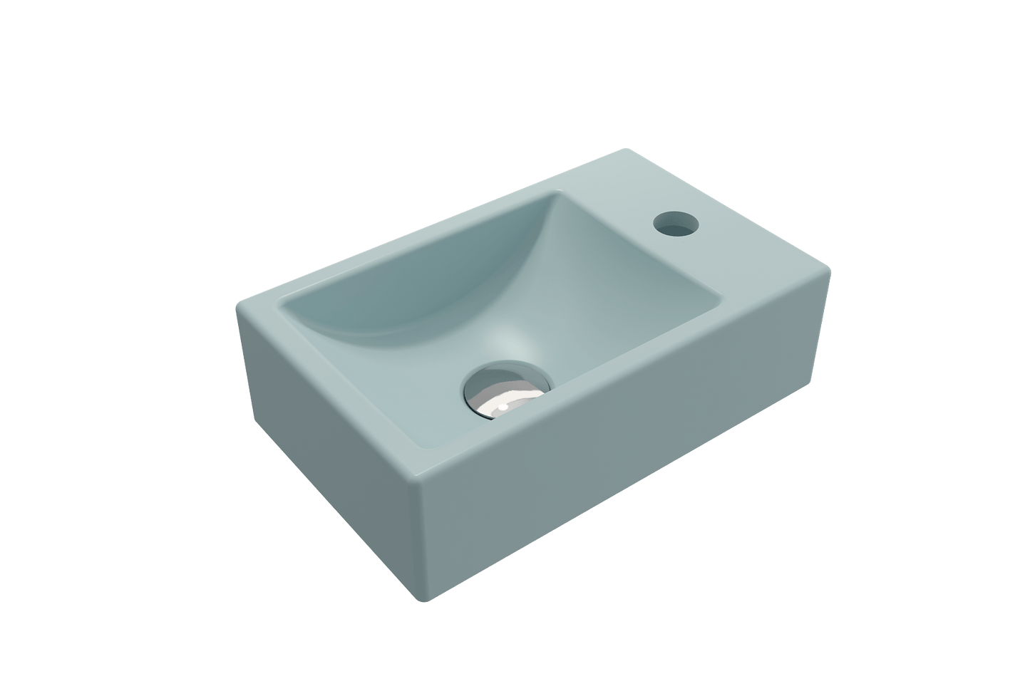 BOCCHI MILANO 14.5" Wall-Mounted Sink Fireclay 1-hole Right Side Faucet Deck With Overflow in soft blue finish.