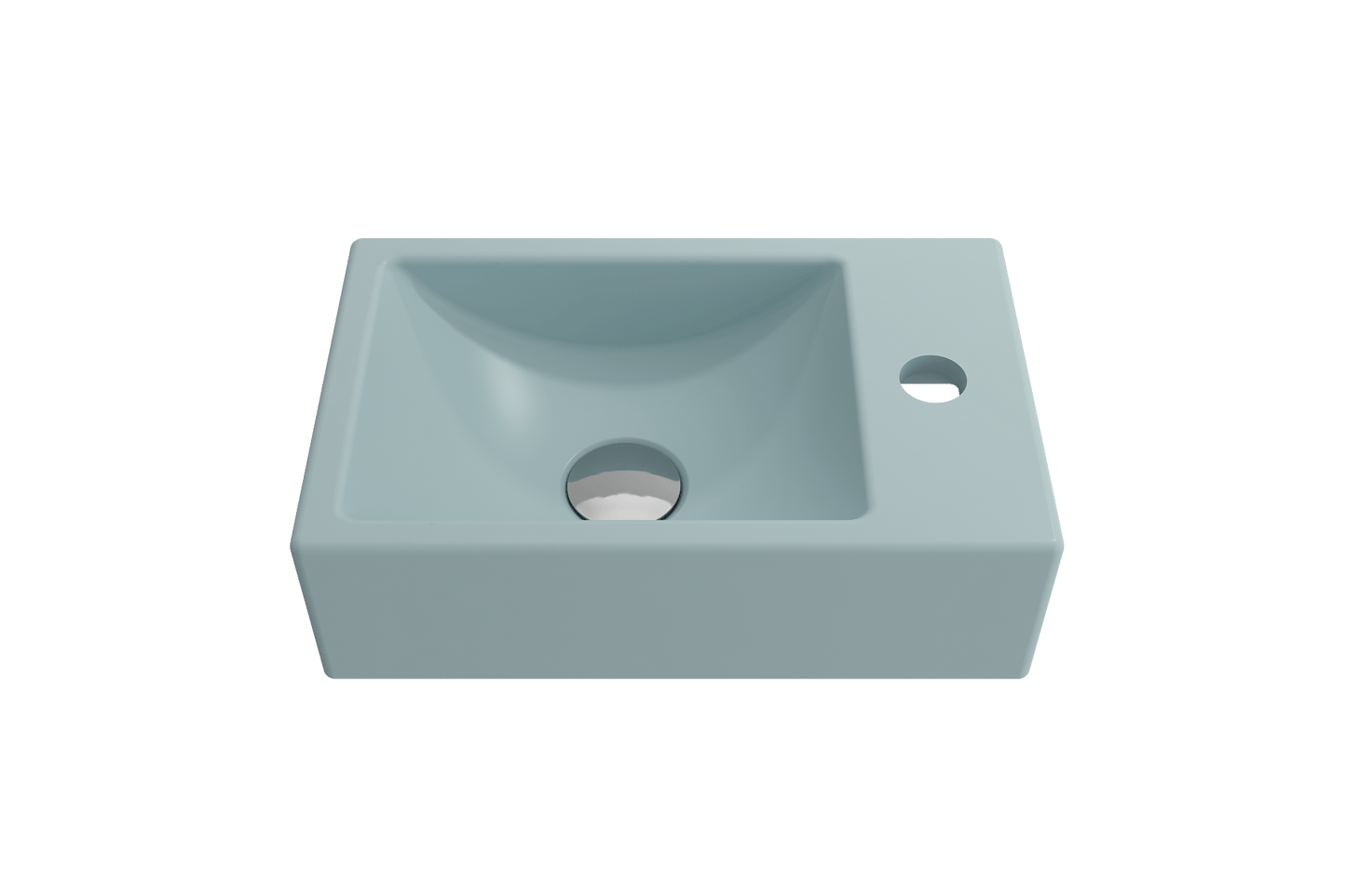 BOCCHI MILANO 14.5" Wall-Mounted Sink Fireclay 1-hole Right Side Faucet Deck With Overflow in light blue, top view angle.