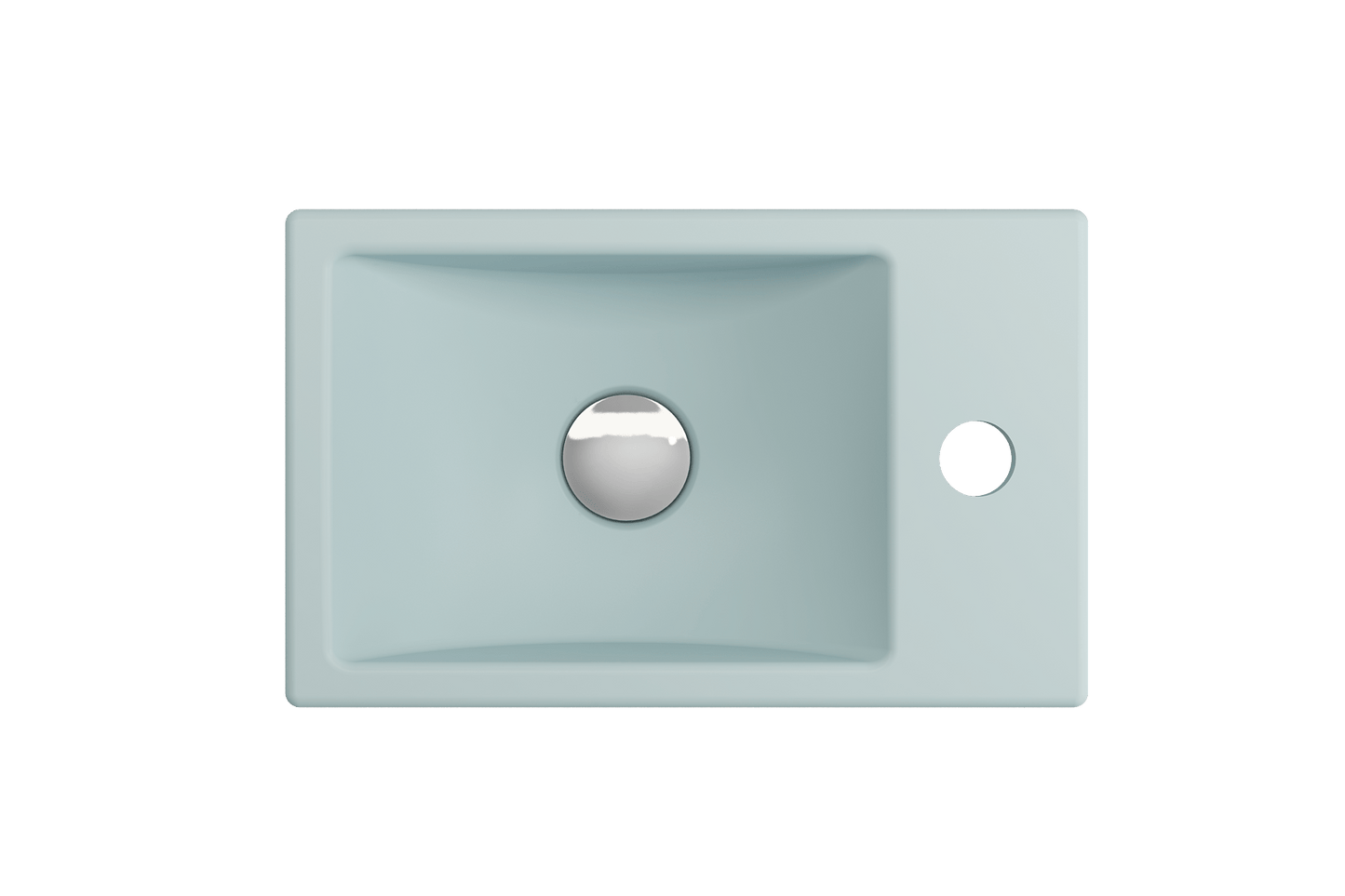 BOCCHI MILANO 14.5" Wall-Mounted Sink Fireclay 1-hole Right Side Faucet Deck With Overflow in light blue top view.