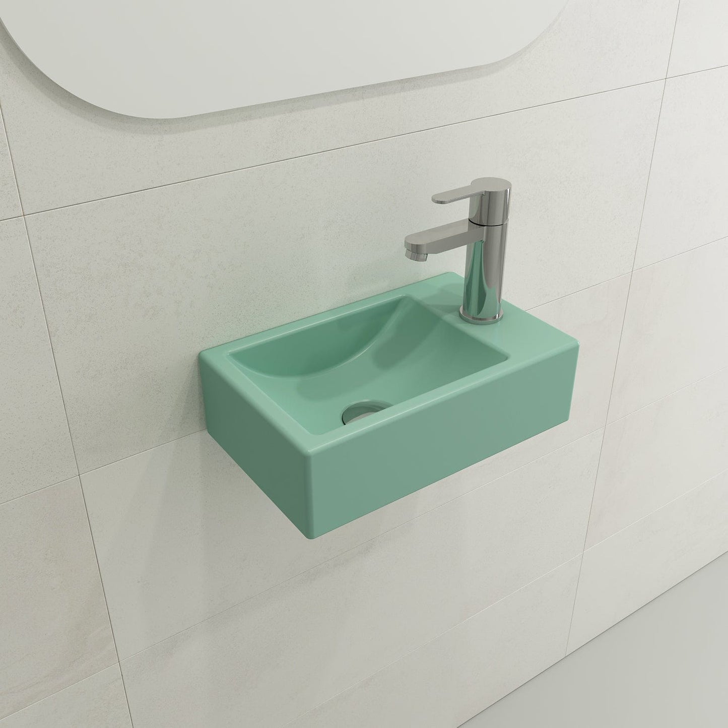 BOCCHI MILANO 14.5" Wall-Mounted Sink Fireclay 1-hole Right Side Faucet Deck With Overflow in Matte Mint Green angle view