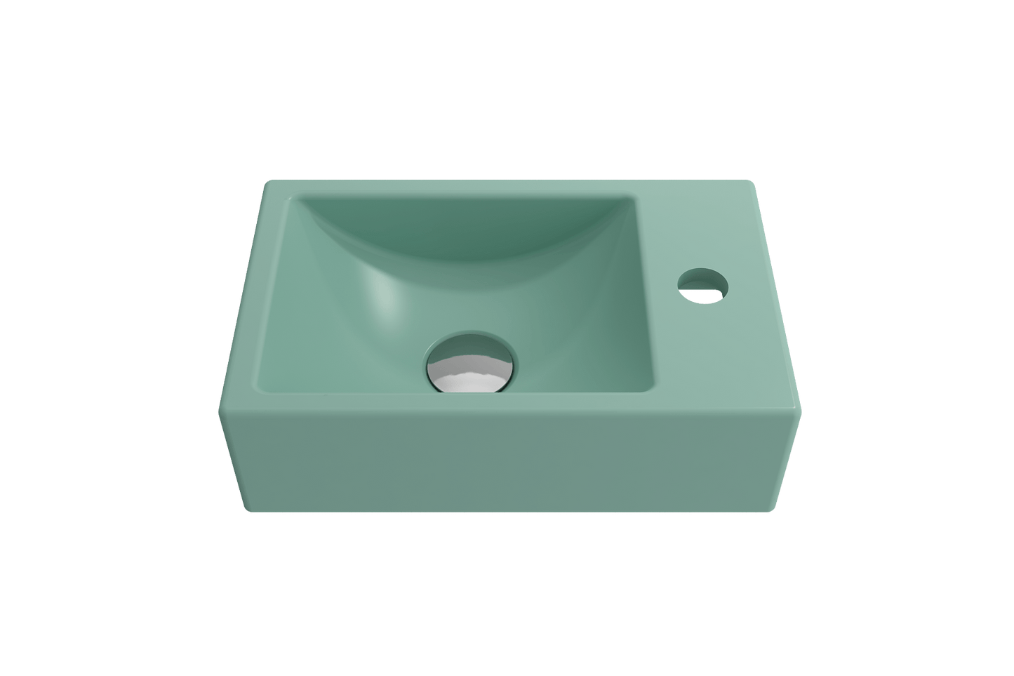 BOCCHI MILANO 14.5" Wall-Mounted Sink Fireclay 1-hole Right Side Faucet Deck With Overflow in mint color, showcasing a front view.