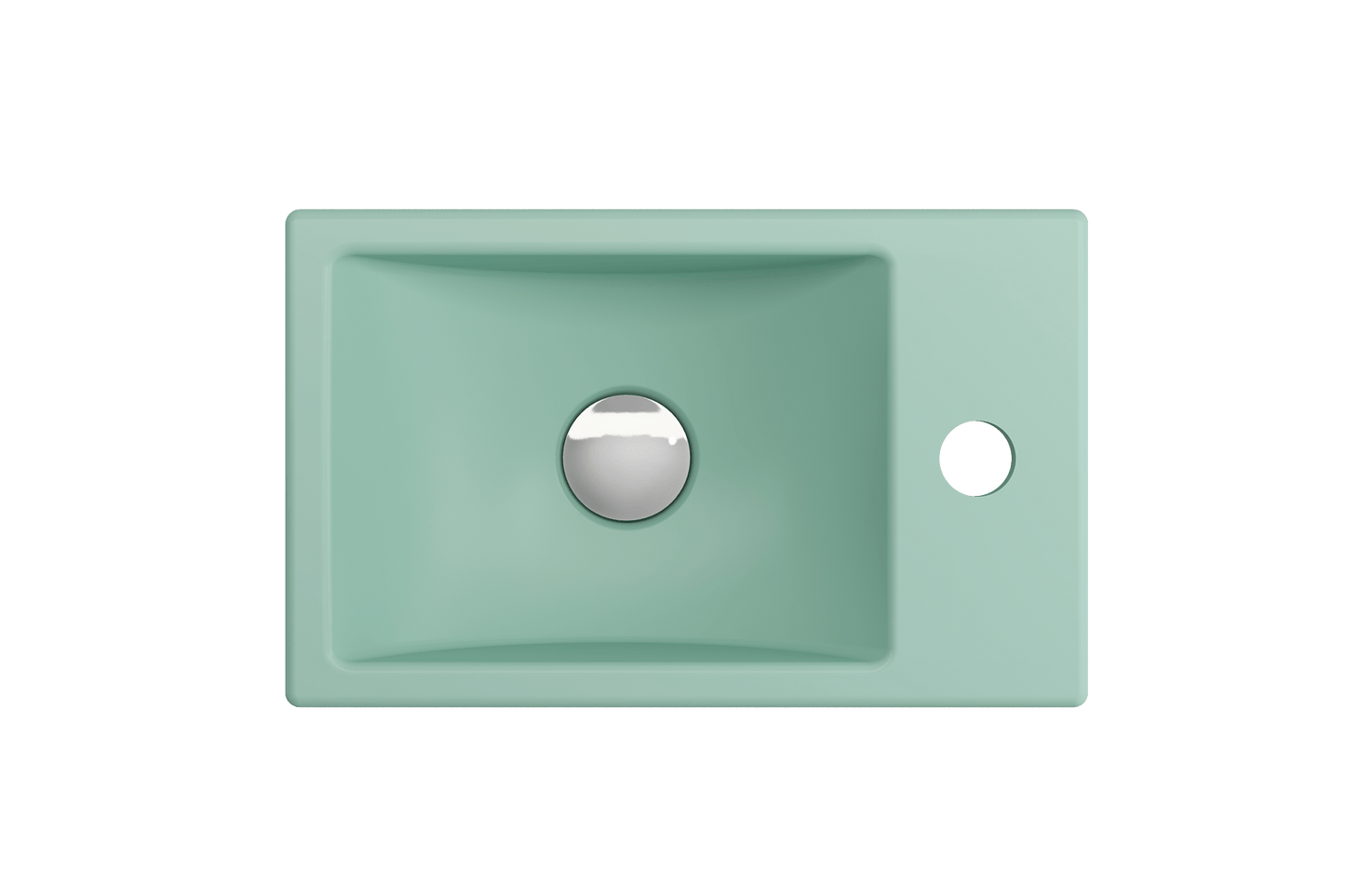 BOCCHI MILANO 14.5" Wall-Mounted Sink Fireclay 1-hole Right Side Faucet Deck With Overflow in mint green, top view.