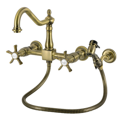 Kingston KS1243NXBS Hamilton Two-Handle Wall Mount Bridge Kitchen Faucet with Brass Sprayer, Antique Brass