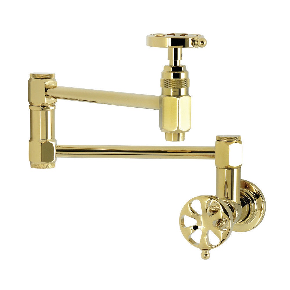 Kingston Brass KS5103RX Belknap Wall Mount Pot Filler Faucet, Antique Brass in polished brass finish.