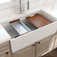 BOCCHI CONTEMPO 36" Fireclay Workstation Farmhouse Sink with Accessories showcasing integrated ledge system and wooden cutting board.