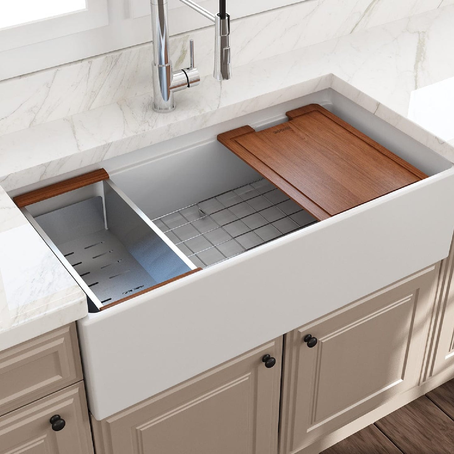 BOCCHI CONTEMPO 36" Fireclay Workstation Farmhouse Sink with Accessories