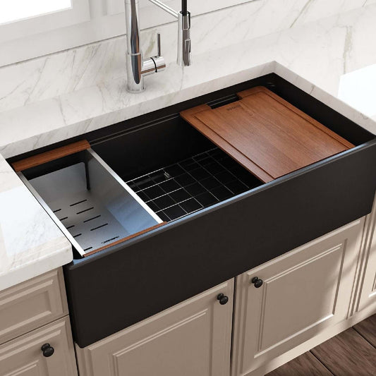 BOCCHI CONTEMPO 36" Fireclay Workstation Farmhouse Sink with Accessories in matte black with wood cutting board.