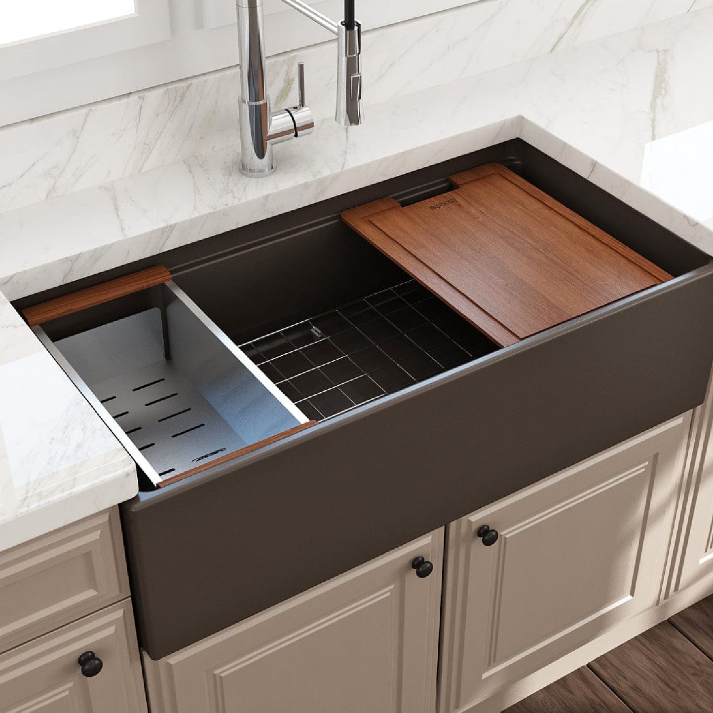 BOCCHI CONTEMPO 36" Fireclay Workstation Farmhouse Sink with Accessories