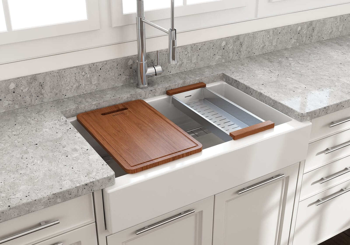 BOCCHI NUOVA 34" Single Bowl Kitchen Sink with Protective Bottom Grid and Strainer features a wooden cutting board and a stone countertop.