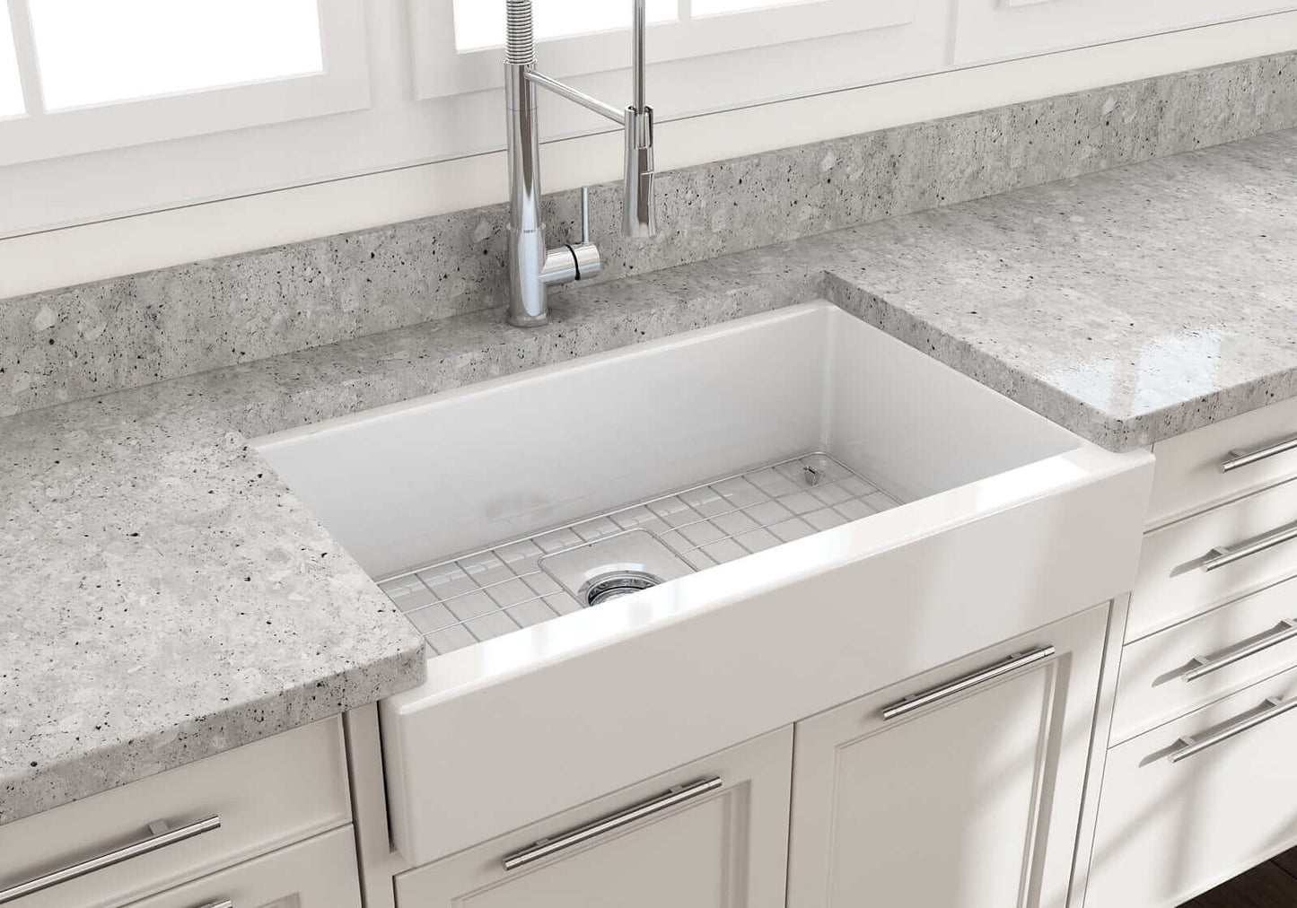 BOCCHI NUOVA 34" Single Bowl Kitchen Sink with Protective Bottom Grid and Strainer in a modern kitchen setting.