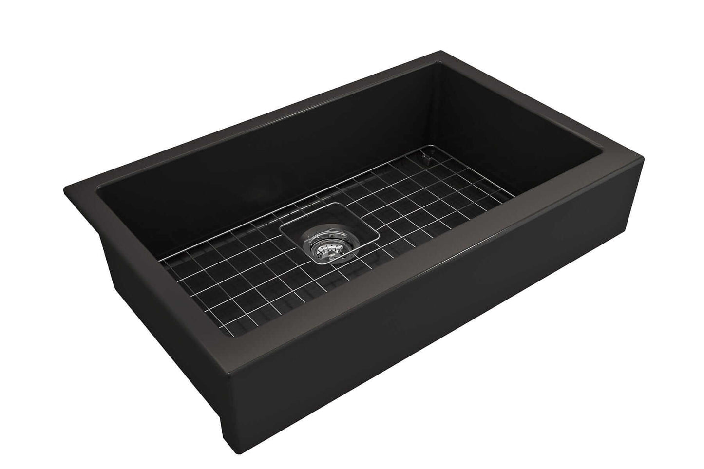 BOCCHI NUOVA 34" Single Bowl Kitchen Sink with Protective Bottom Grid and Strainer in black.