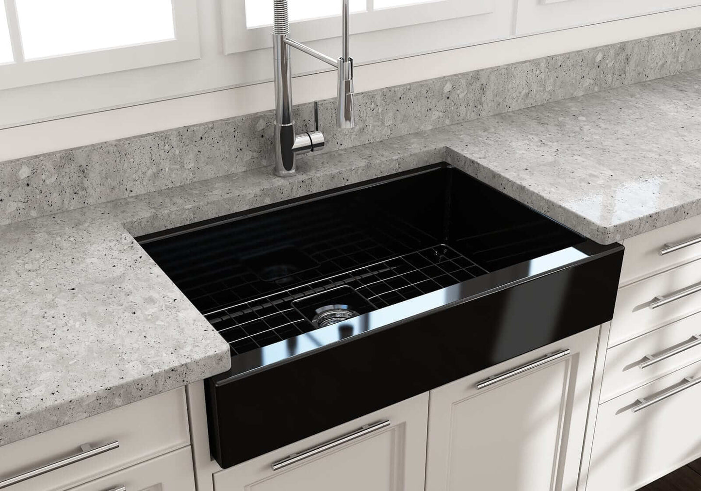 BOCCHI NUOVA 34" Single Bowl Kitchen Sink with Protective Bottom Grid and Strainer in a modern kitchen setting.