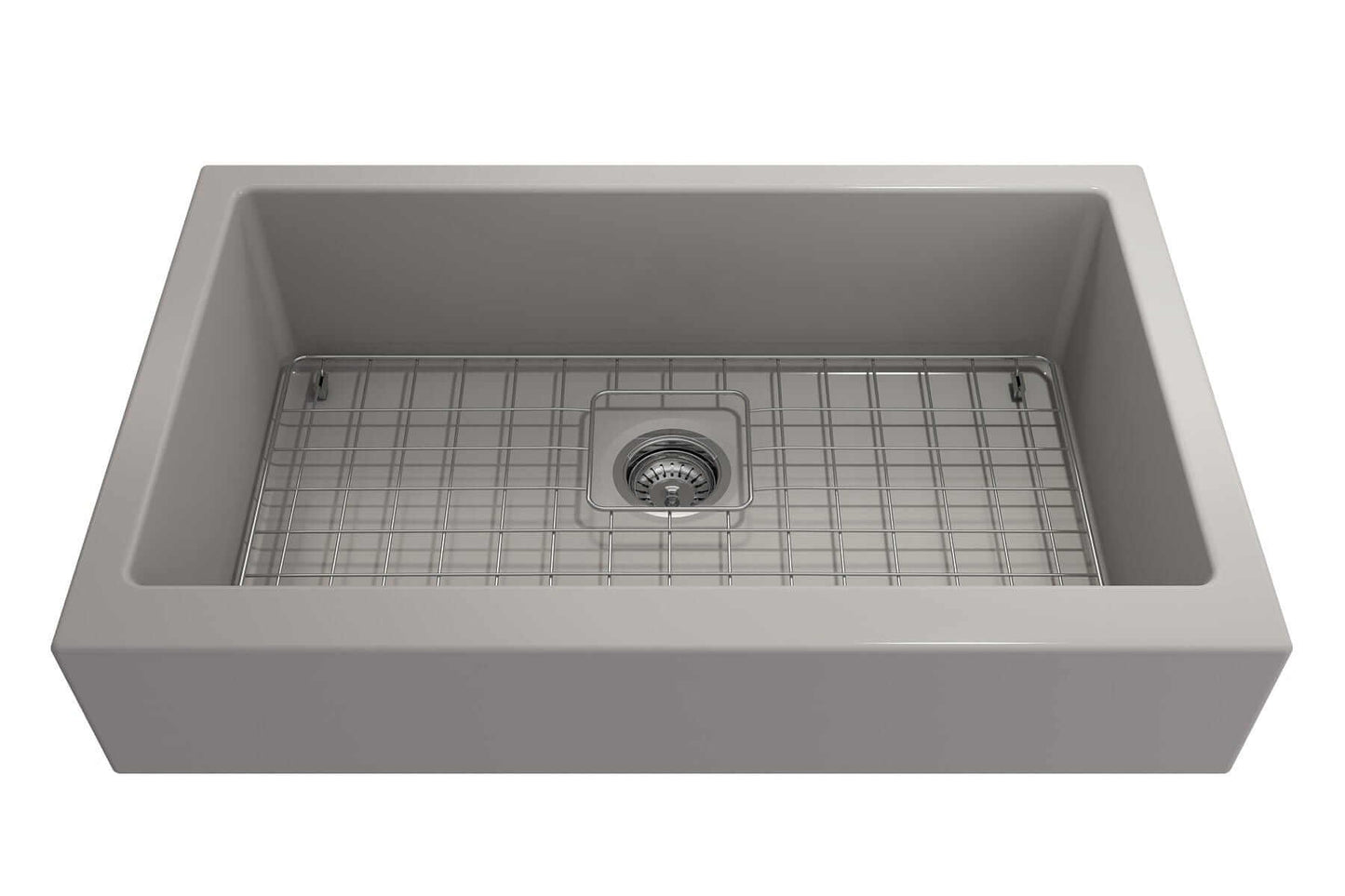 BOCCHI NUOVA 34" Single Bowl Kitchen Sink with Protective Bottom Grid and Strainer view from above.