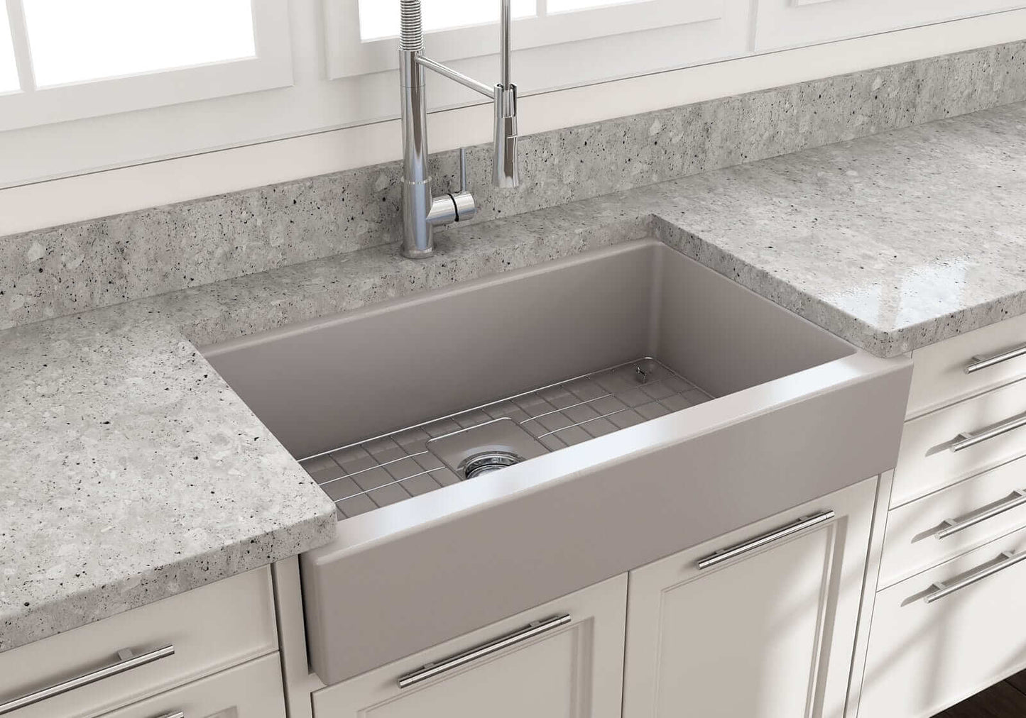 BOCCHI NUOVA 34" Single Bowl Kitchen Sink with Protective Bottom Grid and Strainer installed in modern kitchen.