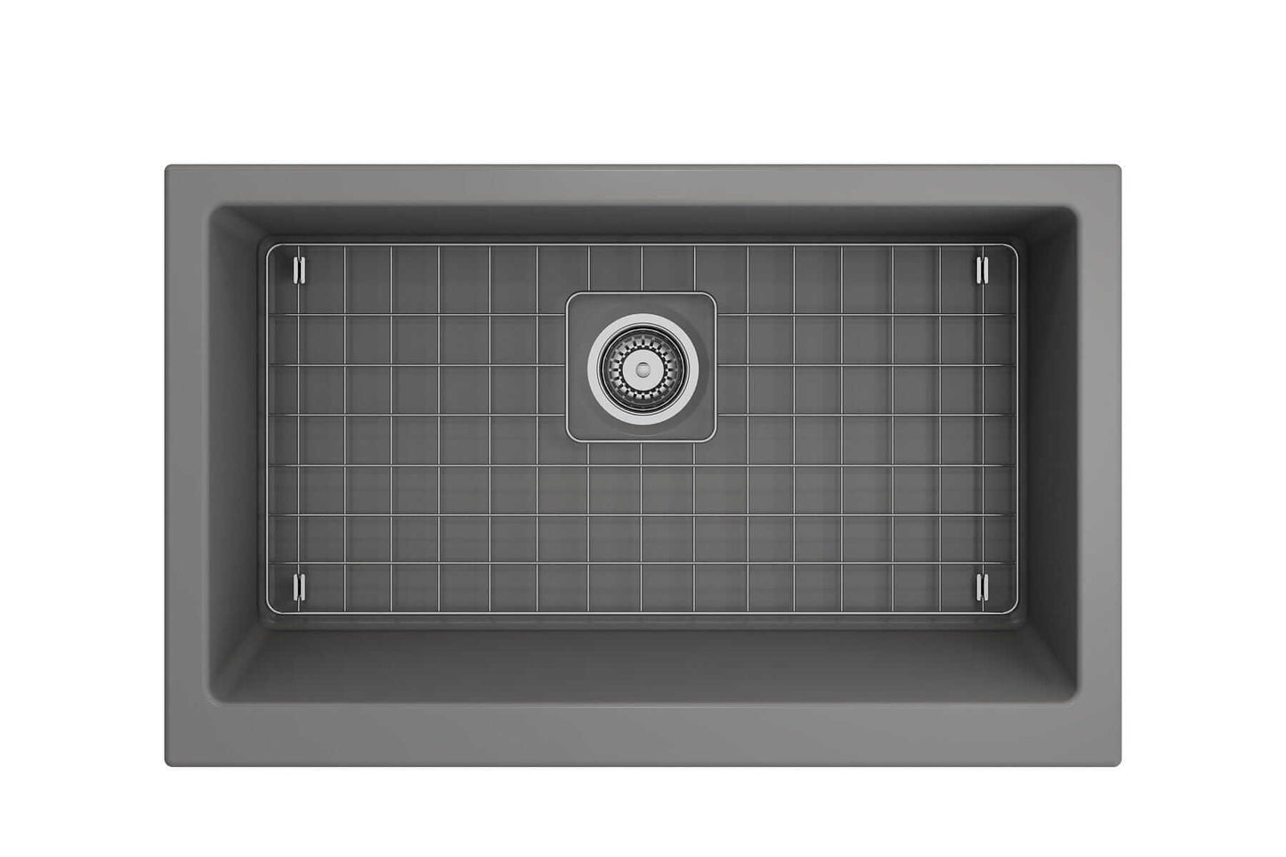 BOCCHI NUOVA 34" Single Bowl Kitchen Sink with Protective Bottom Grid and Strainer top view showing grid and strainer.