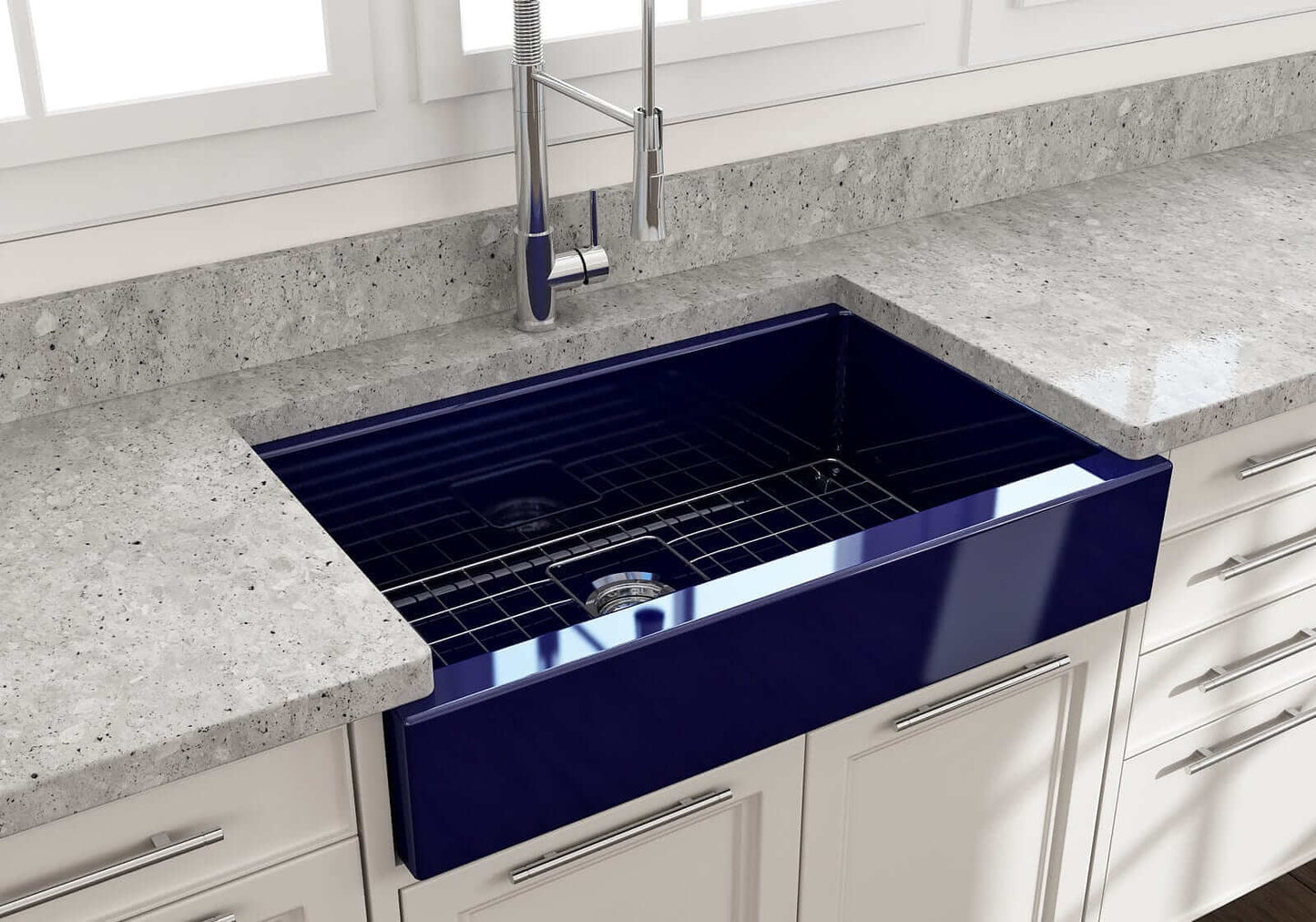 BOCCHI NUOVA 34" Single Bowl Kitchen Sink with Protective Bottom Grid and Strainer installed in modern kitchen.