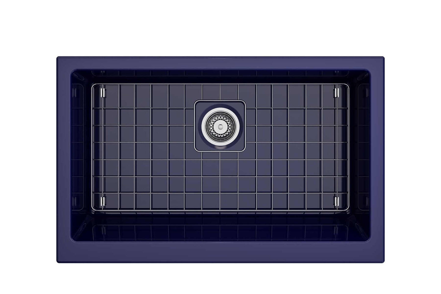 BOCCHI NUOVA 34" Single Bowl Kitchen Sink with Protective Bottom Grid and Strainer top view, featuring grid and drain.