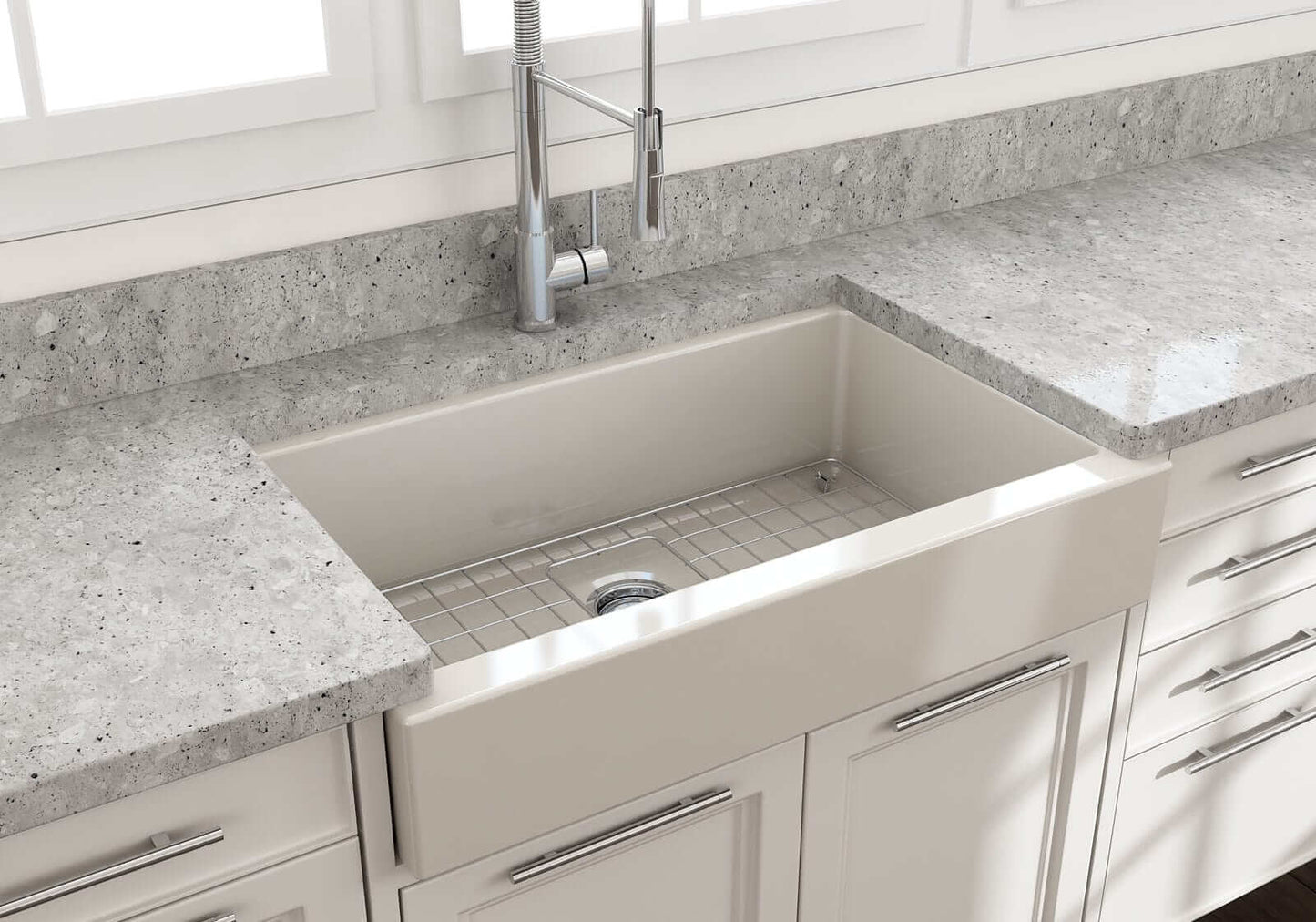 BOCCHI NUOVA 34" Single Bowl Kitchen Sink with Protective Bottom Grid and Strainer in a modern kitchen setting.