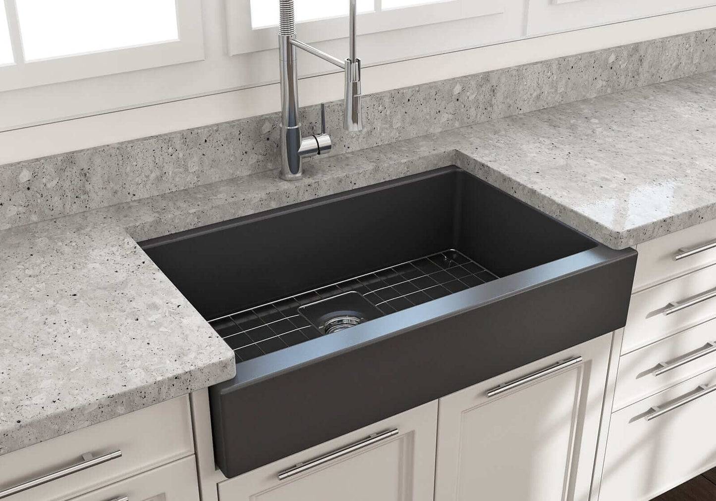 BOCCHI NUOVA 34" Single Bowl Kitchen Sink with Protective Bottom Grid and Strainer installed in a modern kitchen.