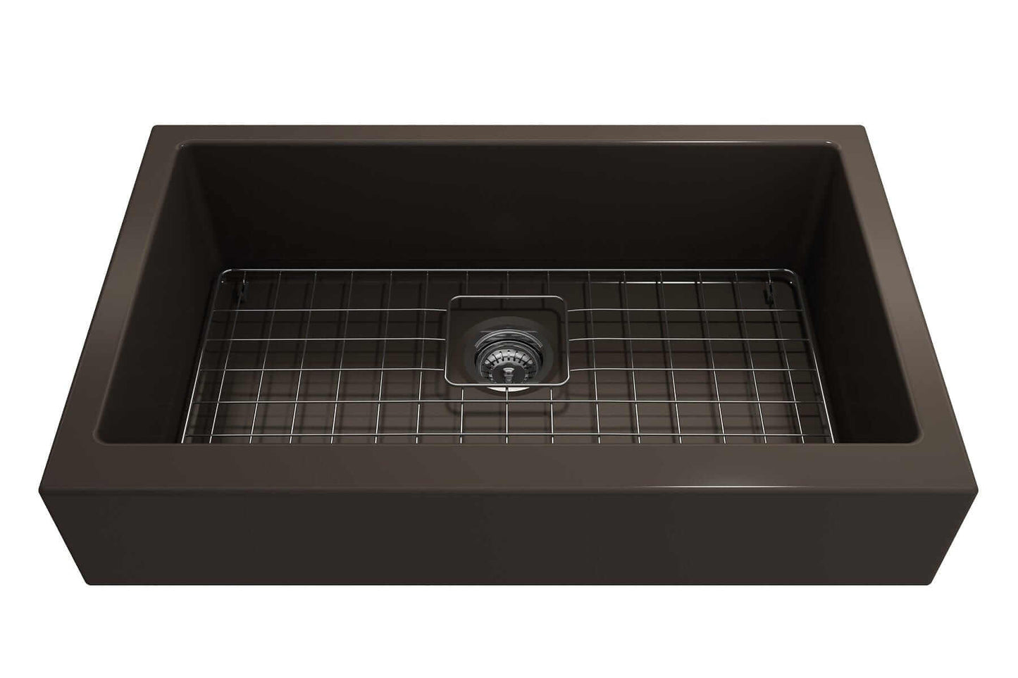 BOCCHI NUOVA 34" Single Bowl Kitchen Sink with Protective Bottom Grid and Strainer showing interior view.