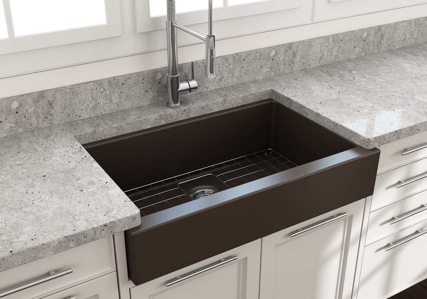 BOCCHI NUOVA 34" Single Bowl Kitchen Sink with Protective Bottom Grid and Strainer installed in a modern kitchen.