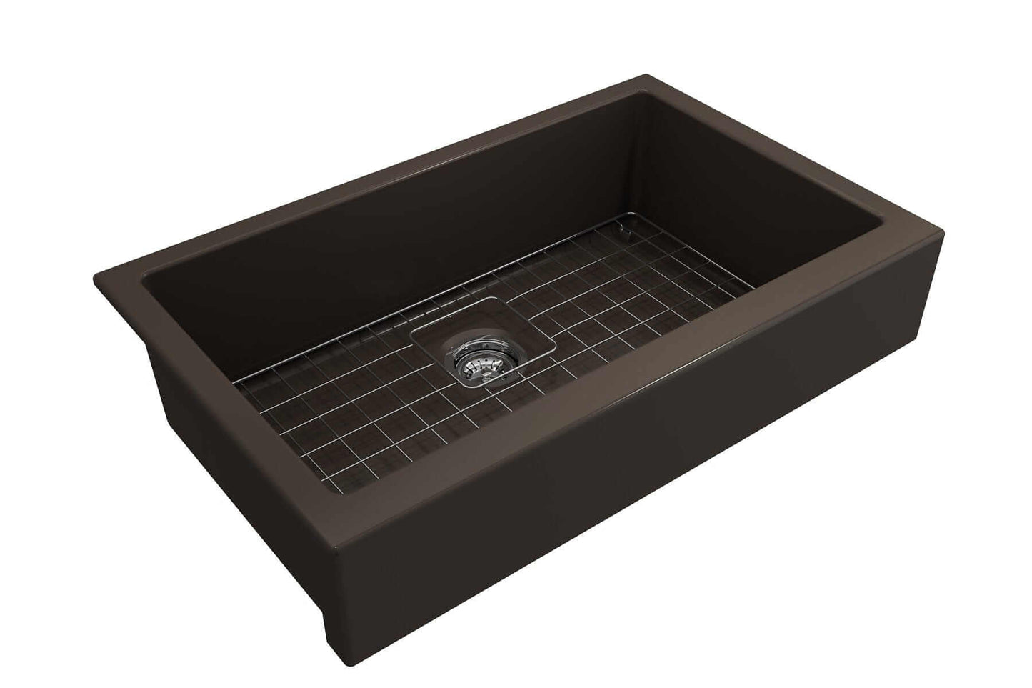 BOCCHI NUOVA 34" Single Bowl Kitchen Sink with Protective Bottom Grid and Strainer in dark finish.