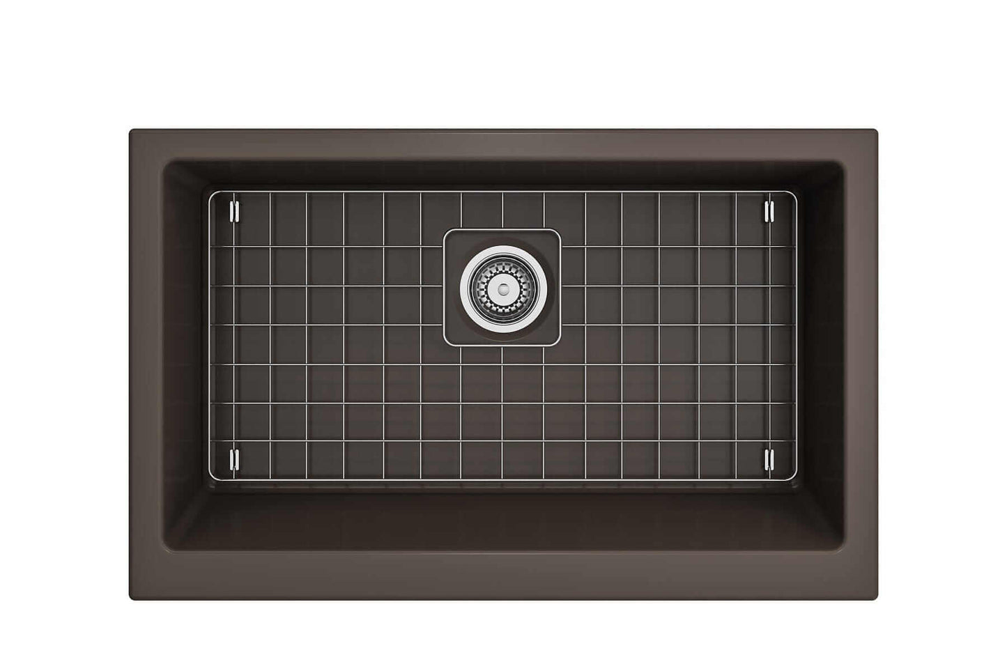 BOCCHI NUOVA 34" Single Bowl Kitchen Sink with Protective Bottom Grid and Strainer viewed from above