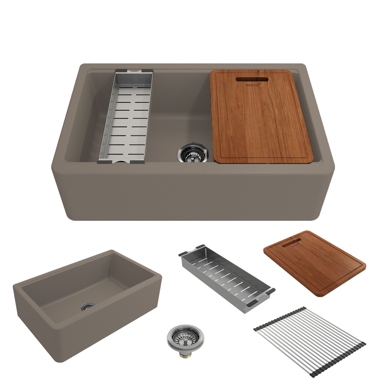 BOCCHI ARONA 33" Single Bowl Granite Farmhouse Kitchen Sink in Mink showing Integrated Workstation and Accessories display.
