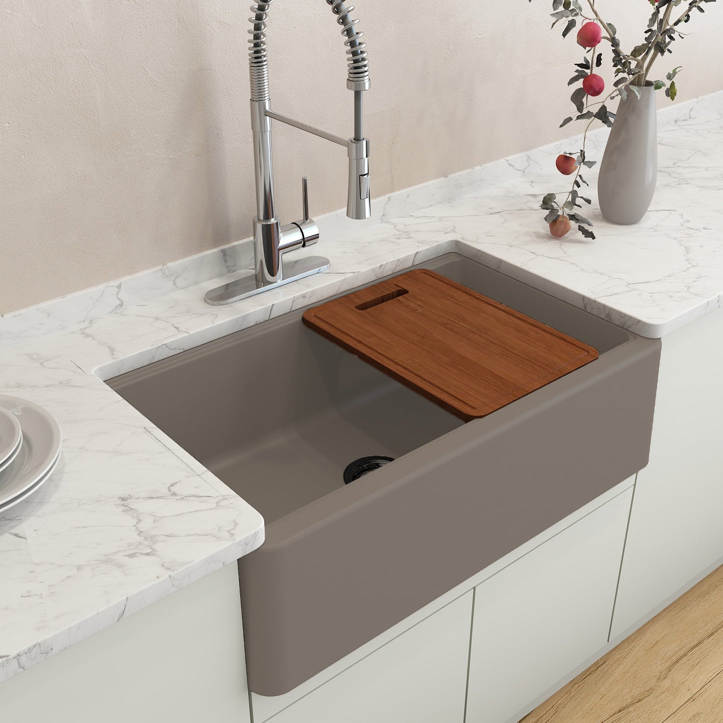 BOCCHI ARONA 33" Single Bowl Granite Farmhouse Kitchen Sink in Mink with Integrated Workstation and Accessories in Mink color with wooden cutting board.